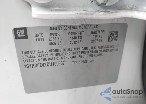 2012 Chevrolet Volt z USA, uszkodzony, nr VIN 1G1RD6E4XCU109937